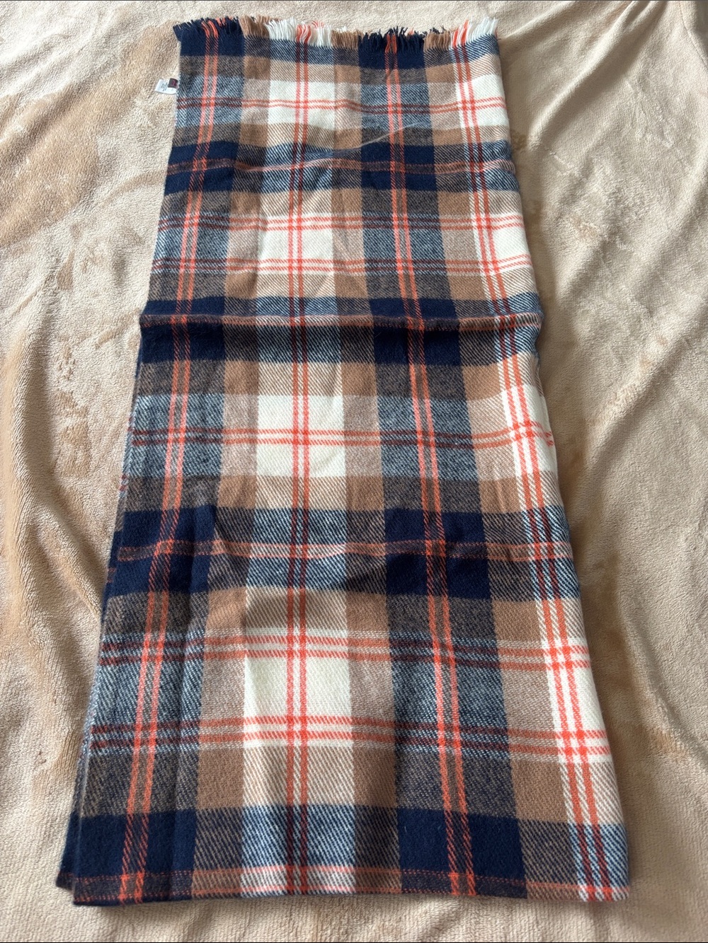 Ardene Plaid Fringe Scarf in Navy, Tan, White & Red